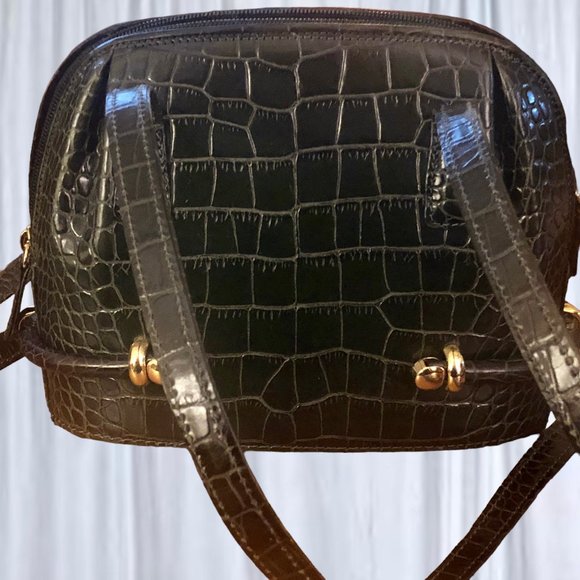 Bally Vintage Italy Croc Embossed Leather Shoulder Handbag Zipper - Picture 6 of 13